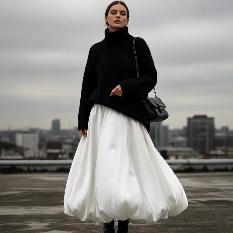 Fashion Women Spring New Balloon Midi Skirt High Waist Ruched Puffy Solid Color Casual Skirt For Office Daily Commute Party Wear