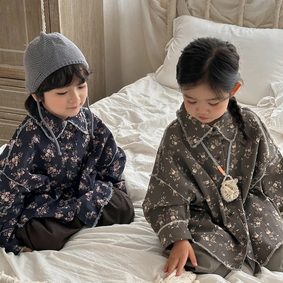 

Kids Lapel Floral Shirts 1-7 Years Autumn Vintage Boys Fringed Long Sleeve Shirts Coat Girls Baby Casual Tops Childrens Clothes