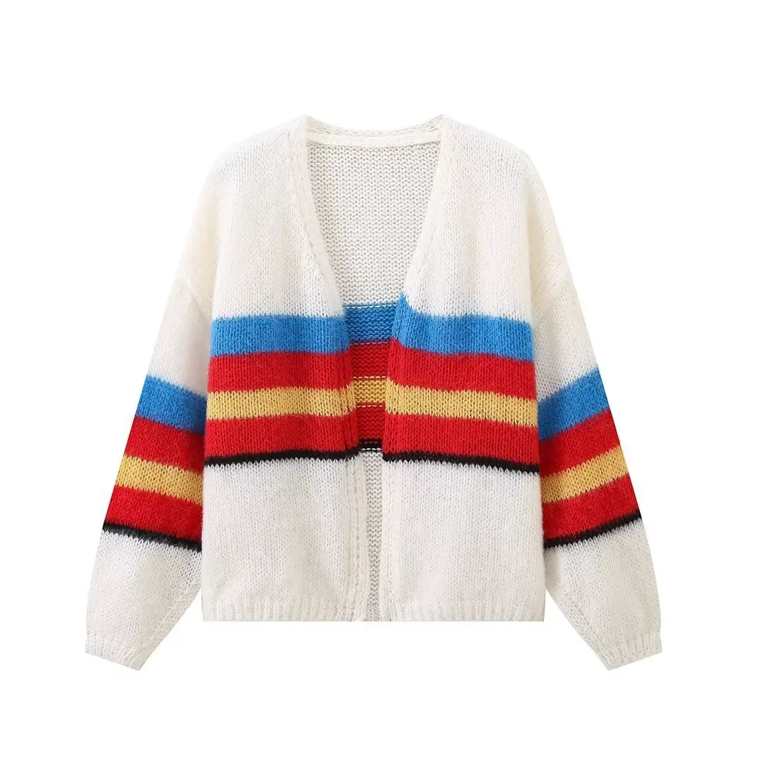 2024 Autumn Winter Women Mohair Stripe Long Sleeve Cardigan Fashion Contrast Open Stitch Sweater High Street Female Outwear