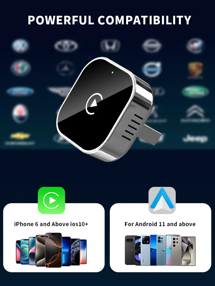 Adaptateur CarPlay sans fil Android Auto AI Box 2 en 1, Plug and Play pour voiture, conversion filaire en sans fil, faible latence, taille compacte