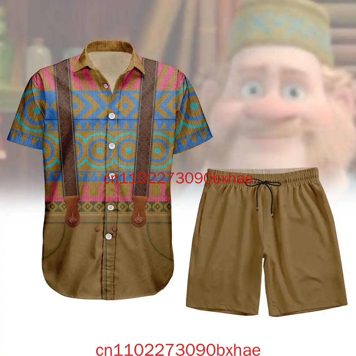 

Oaken Shopkeeper Cosplay Button Shirt Disney Frozen Hawaiian Shirt Halloween Shorts Men Cartoon Halloween Costume Shirt