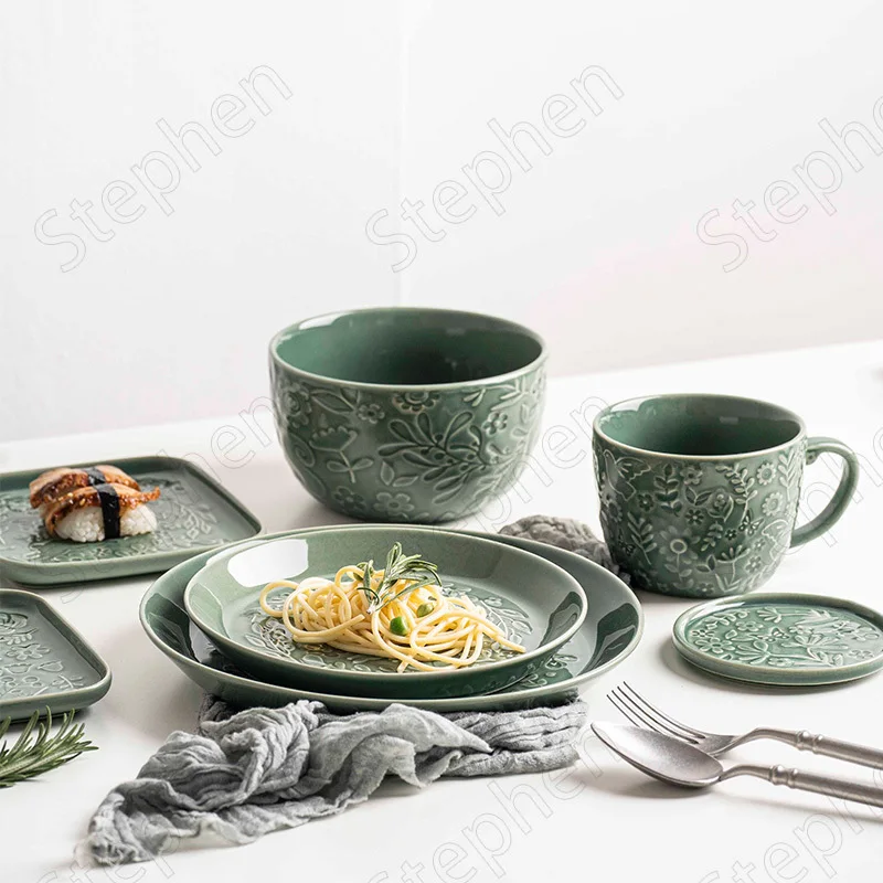 Nordic Vintage Animal Relief Ceramic Plates European Classical Overglaze Ramen Snack Bowl Steak Pasta Dinner Plate Tableware