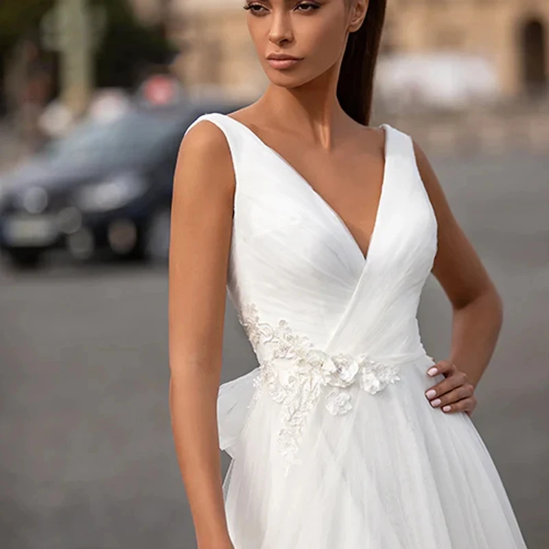 Elegant Bride Wedding Dress Deep V-neck 3D Decal Strapless Sexy Open Back A-line Dress Vesidos de Novia de Novia Customization