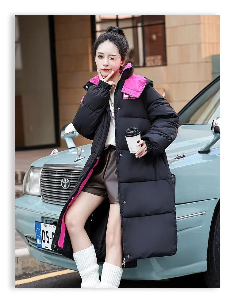 Long Hooded Puffer Coat Women Contrast Collar Warm Quilted Parka Zip‑Up Loose Windproof Winter Outerwear Ladies Padded Jacket