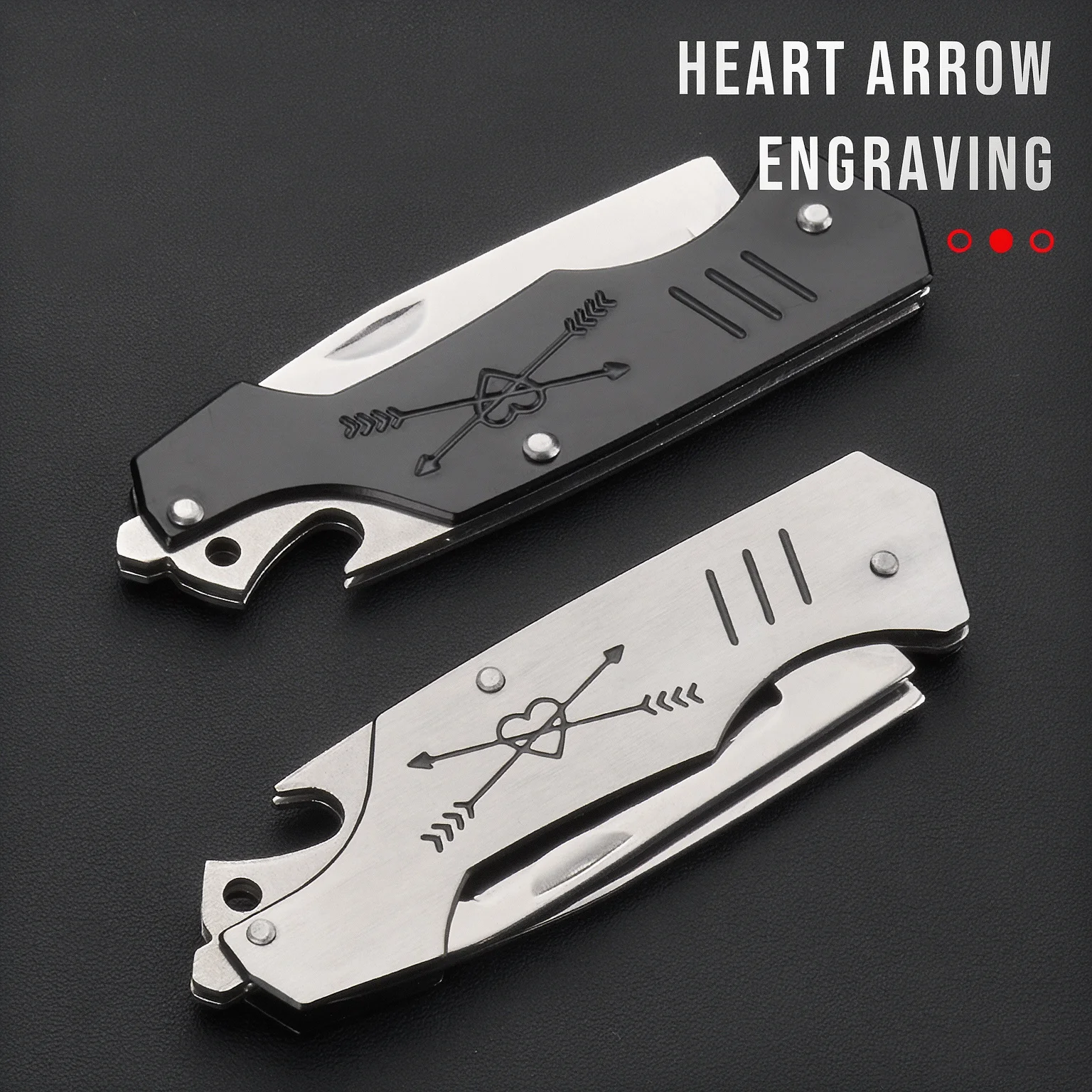 1PC 2-in-1 Multi-function Knife,Heart Arrow Engraved Handle,Built-in Peeler & Bottle Opener,Lanyard Hole,for Camping,BBQ、Gifting