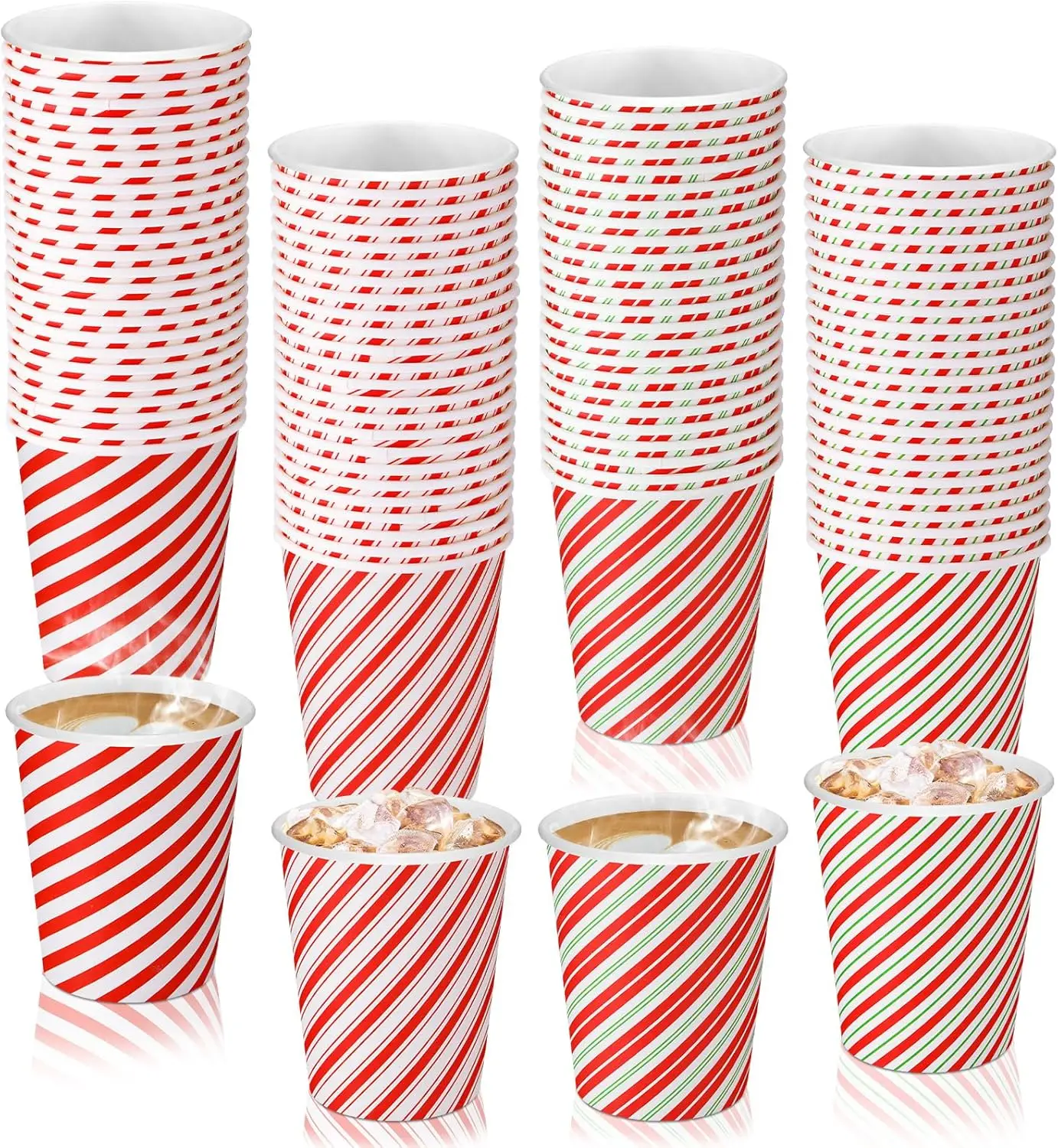

100 Pcs Disposable Elegant Christmas Paper Cups - 9 oz Candy Cane Striped Holiday Cups for Hot Chocolate, Cold Drinks, C