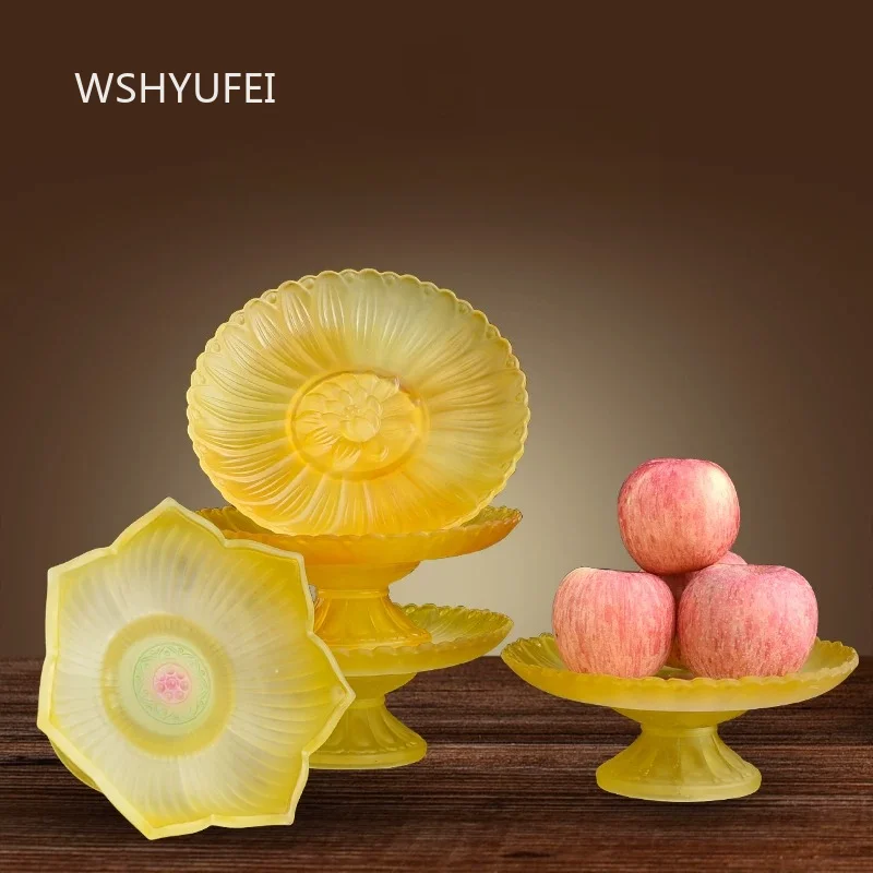 Liuli Glass Lotus Offering Plate with High Foot Base Scalloped Edge and Carved Floral Design for Buddhist Altar and Home Decor