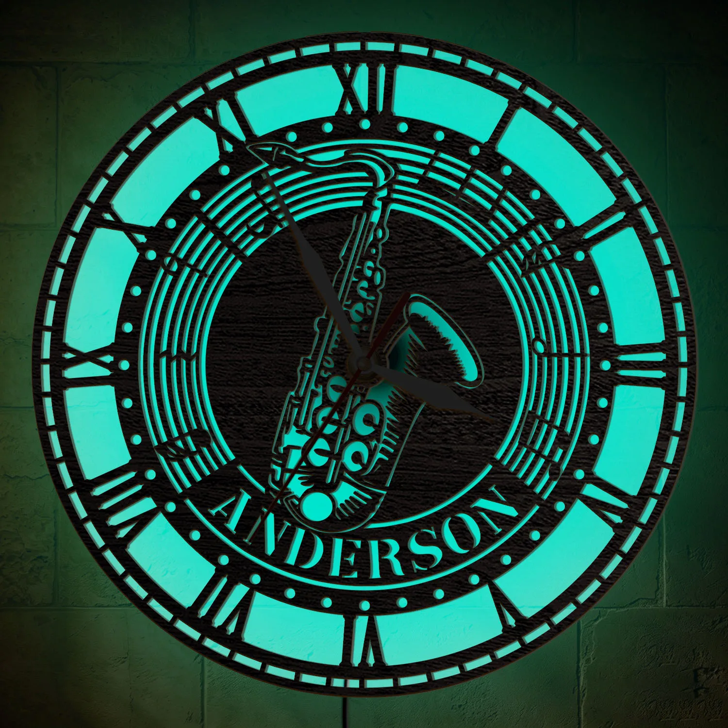 Custom Name Saxophone Wooden Wall Clock RGB Color Changing LED Backlight Musical Instrument Light Up Wall Clock For Jazz Fan