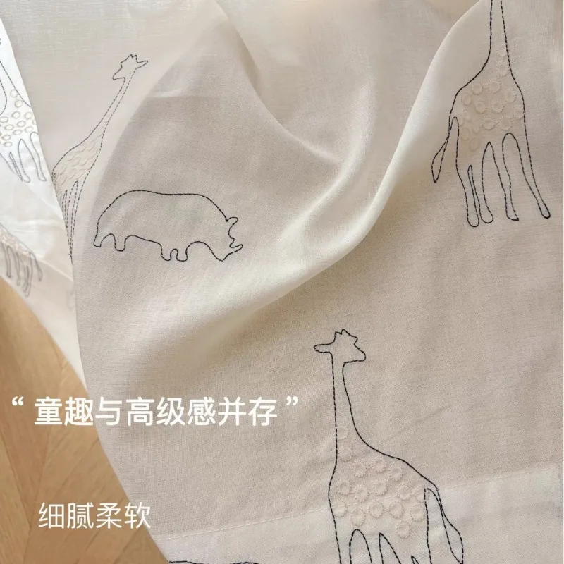 Custom Size Ins Cotton Linen Embroidered Cute Giraffe Animal High-end Bedroom Children's Room Sheer Curtain Window Luxury
