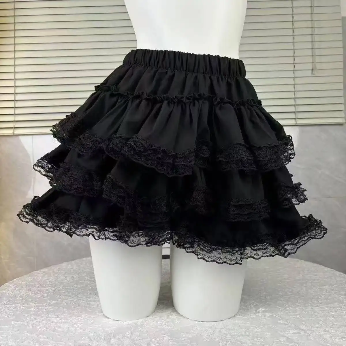 Women's Sweet Ruffle Mini Skirt High-Waisted Lace Trim Puffy Tiered Cake Skirt Gothic Cross Pendant Short Skirt