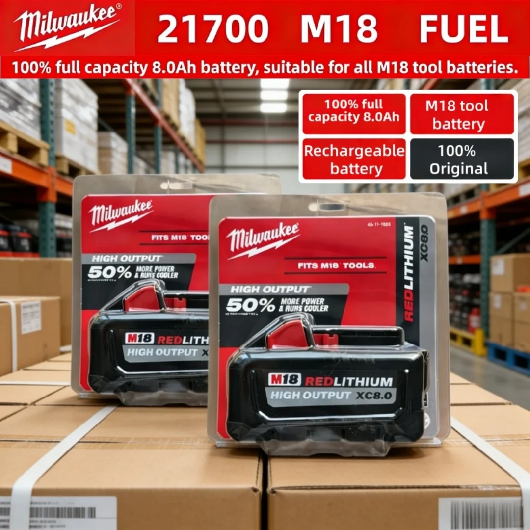 

100% Milwaukee XC 18V 8.0Ah M18 Rechargeable Battery, Replacement Pack for M18B8 M18-B5 M18-B6 M18-HB8 M18-HB12 Tools