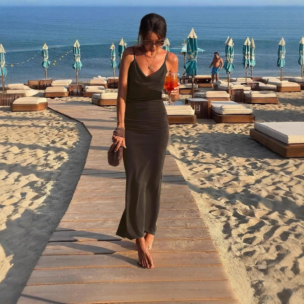 Abito sexy con canottiera da donna, cinturino aderente estivo, senza schienale, increspato, aderente, per le vacanze al mare, tubino sexy, abito lungo aderente