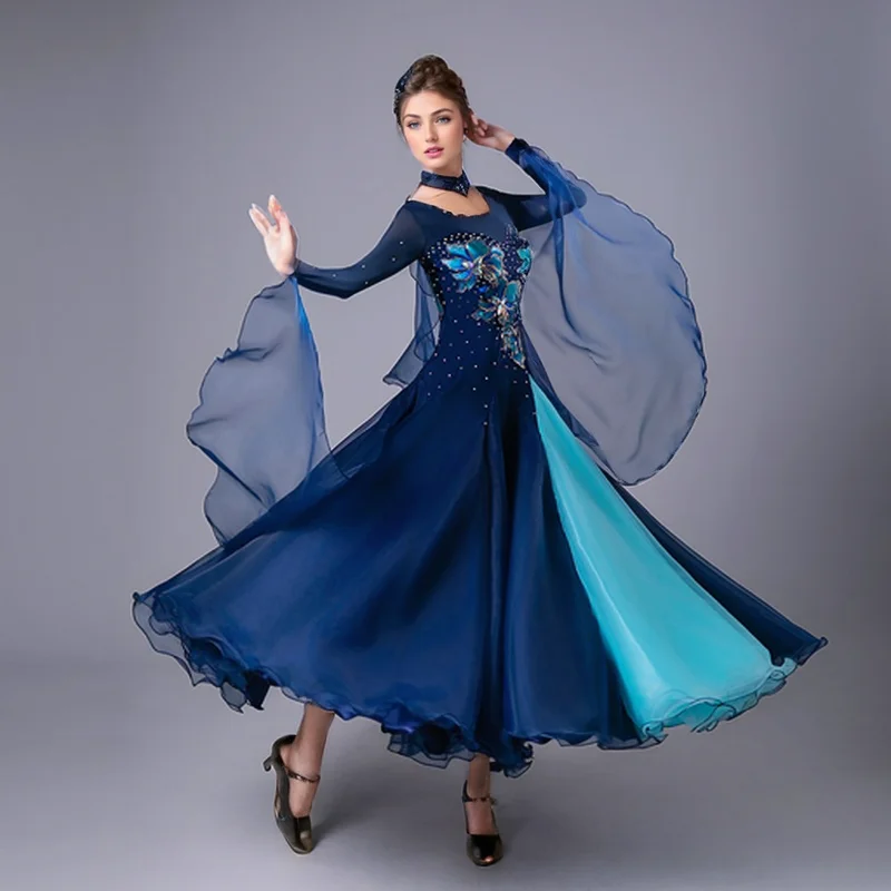 

Blue Stand Ballroom Dance Dress Women Competition Ball Gown Puffy Prom Dress Floral Puffy Prom Dresses Evening Costumes Waltz