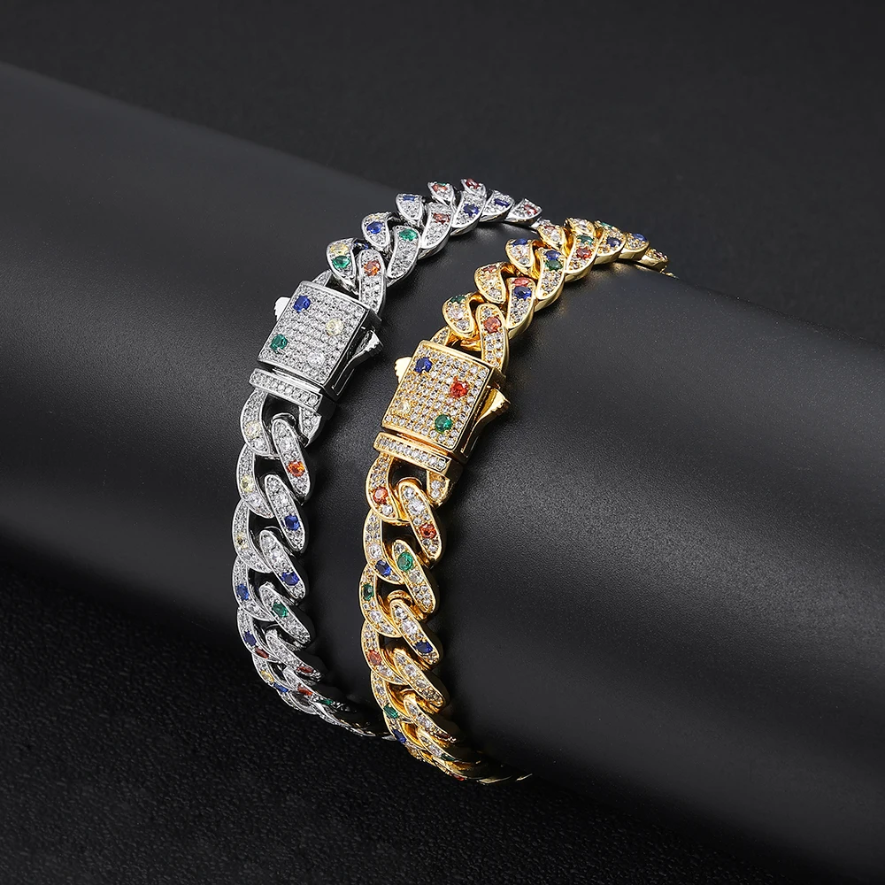 Nuoya Multicolor Zircon Cuban Link Bracelet Iced Out Pave Chain Bracelet Hip Hop Luxury Jewelry for Men Women Fashion Gift