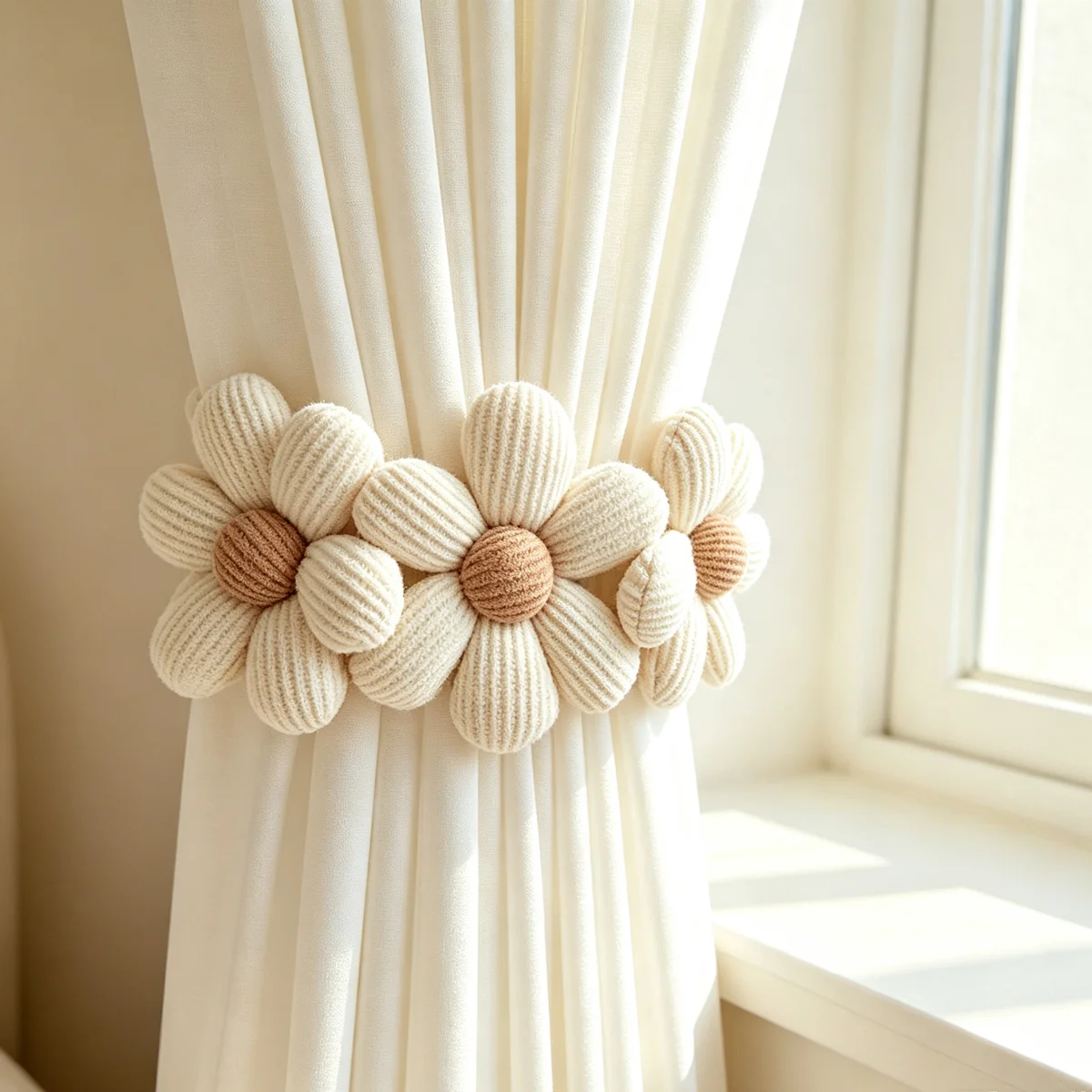 2 Pcs Corduroy Padded Sunflower Curtain Tiebacks, Cream Korean Ins Style, Adjustable Snap‑Button Elastic Curtain Holdbacks for K