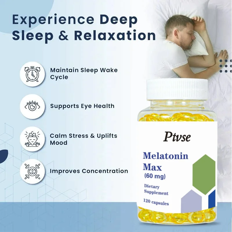 Ptvse Melatonin Vegetarian Capsules - 60 Mg Promote Sleep Quality, Eye Health and Reduce Waking Time