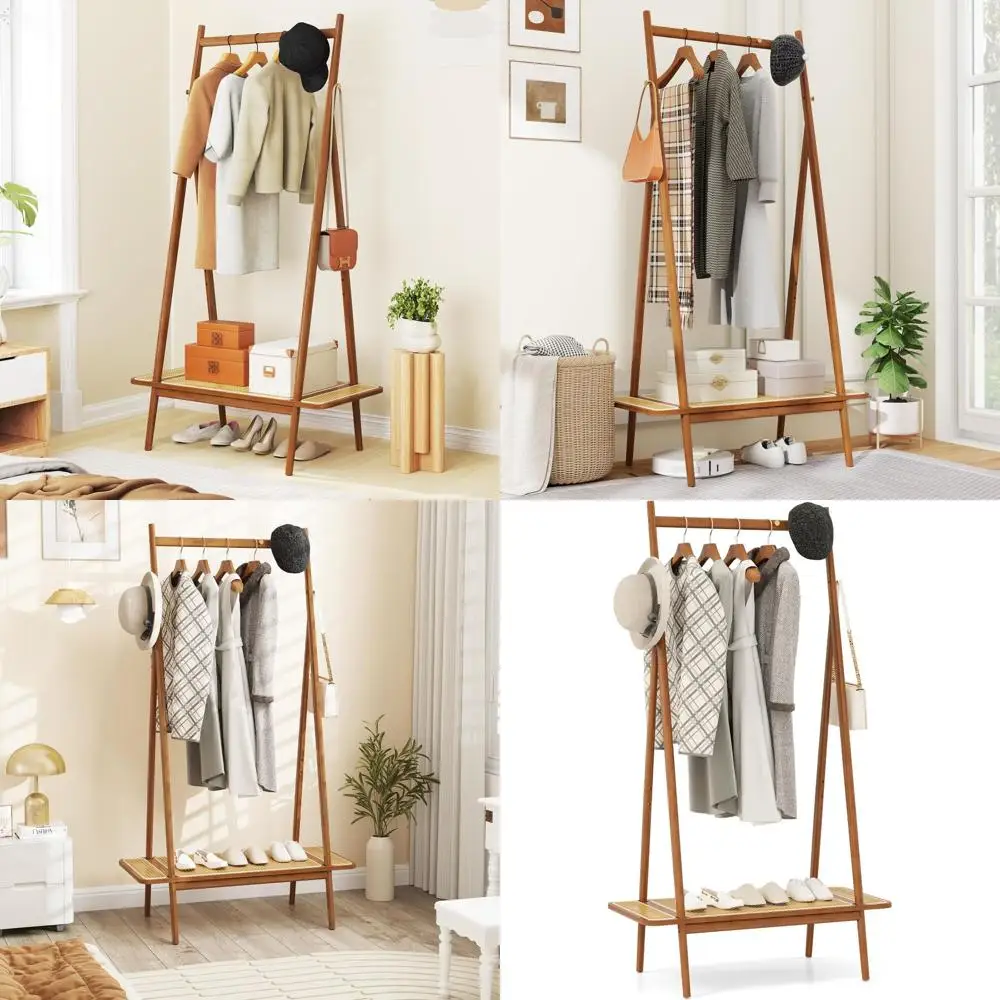 

Бамбуковая вешалка для одежды высотой 65,5 дюймов с полкой из ротанга и 5 медными крючками, органайзер для пальто, сумок, обуви (коричневый)