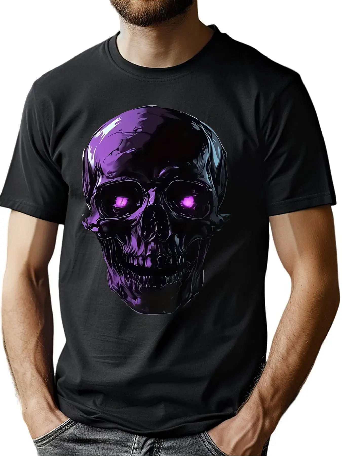 

Comfort Cotton Crew Neck Tee With Illuminated Skull Print Birthday Gift For Him Active Wear Machine Washable