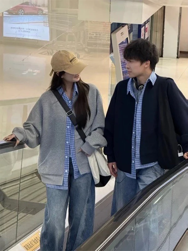 

Мужской кардиган в американском ретро-стиле с клетчатыми вставками, весенне-осенний повседневный свободный крой, ткань Cosite, для пар