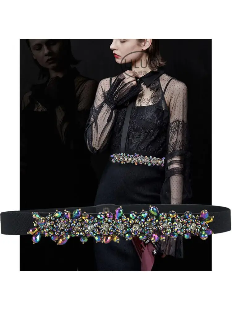 

Women Bright Belt New Decorative Dress With Crystal Inlaid Stone Coat Fashionable Elastic Band Colorful Style And Matching