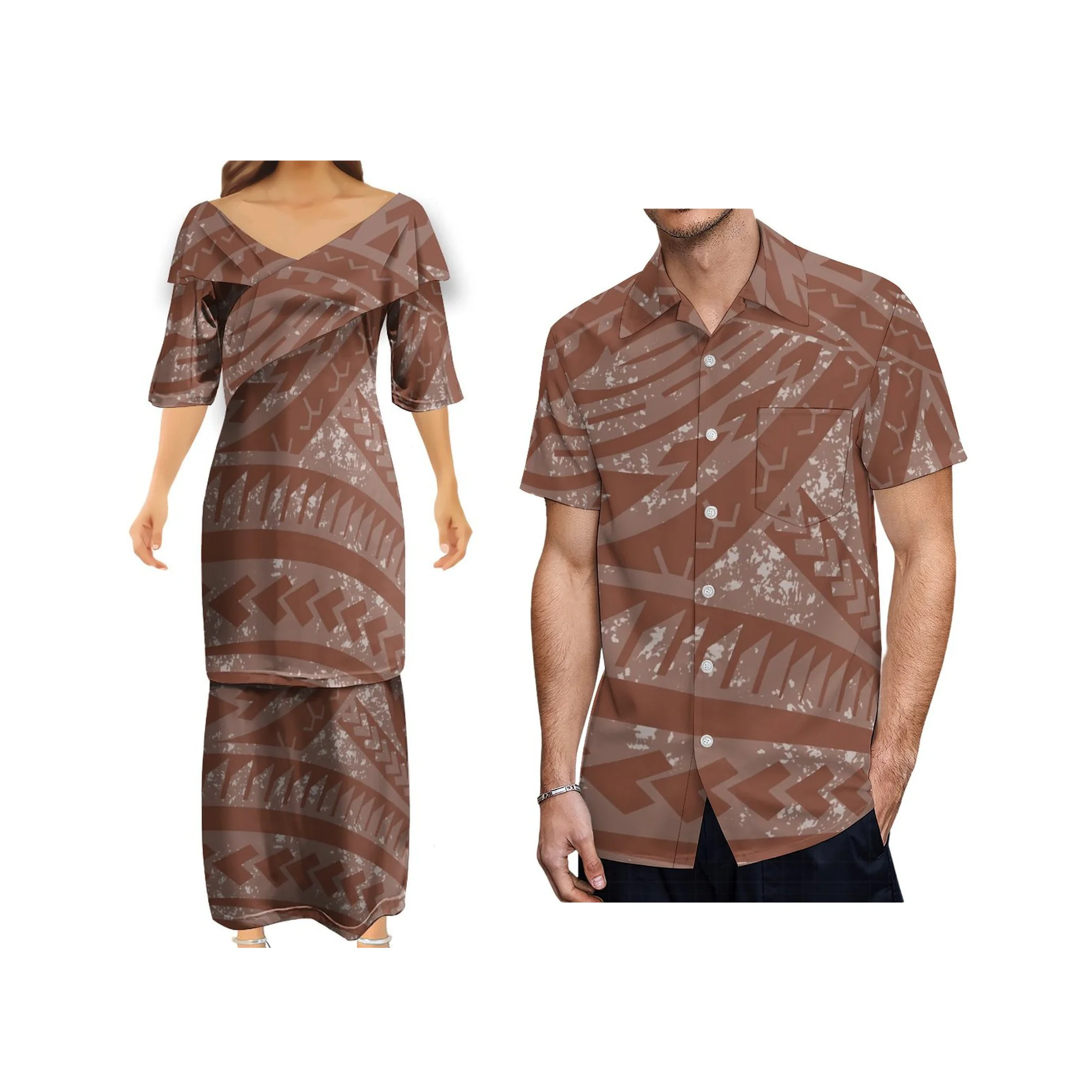 

Polynesian Women's Dress V-Neck Temperament Set Skirt Top and Skirt Summer Short Sleeve Ruffled Neckline Skirt