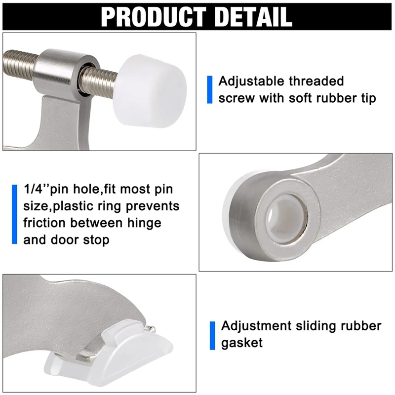 AT44-20Pack Hinge Pin Door Stops Satin Brushed Door Stopper Adjustable Heavy Duty Hinge Door Stopper With Rubber Bumper Tips