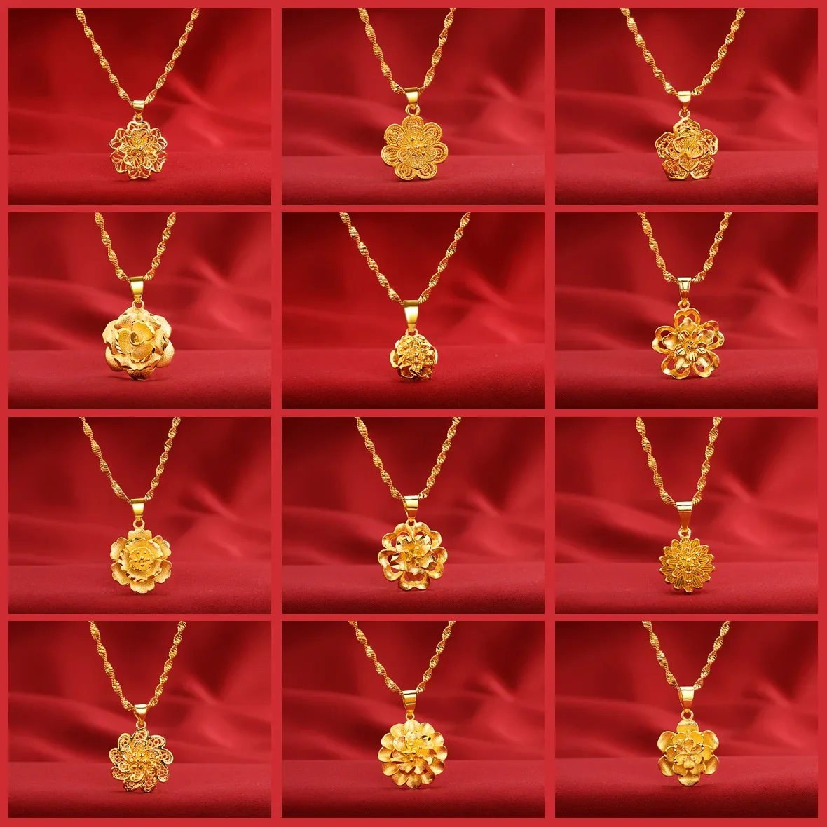 999 24K Real God of Flowers Necklace for Women Palace Ancient Style Pendant Water Wave Chain Hanfu Cheongsam Necklace Jewelry