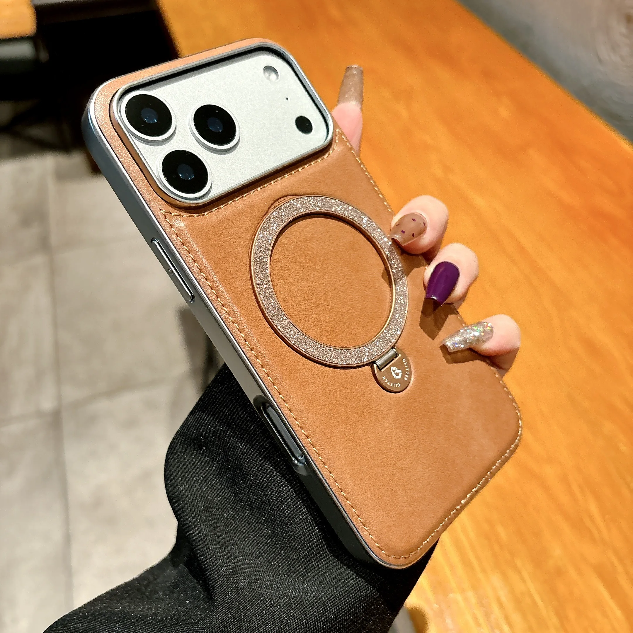 

Роскошный блестящий магнитный кольцевой держатель, кожаный чехол для телефона для iPhone 17 Pro Max 16 Plus 15 14 13, противоударный чехол для Magsafe