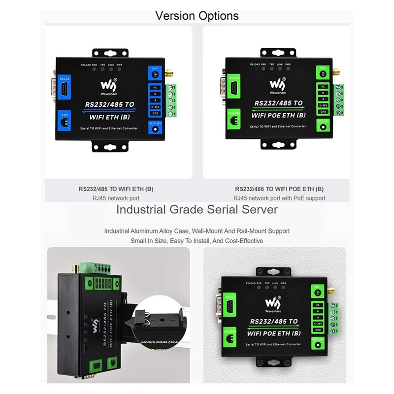 Waveshare RS232/485 To Wifi And Ethernet, Aluminum Alloy MQTT Gateway Ethernet To Wifi Industrial Grade Serial Server Converter