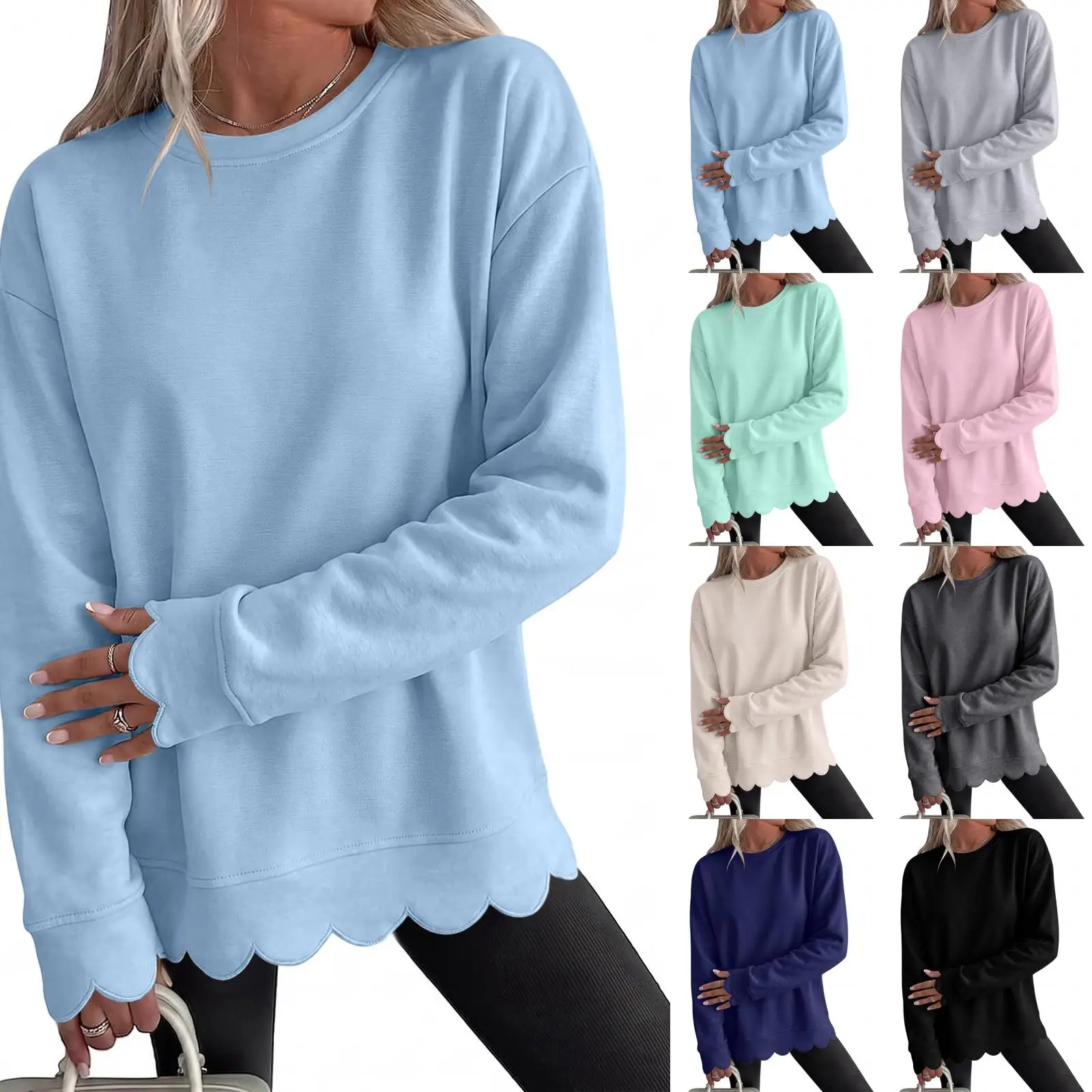 Casual Sweatshirt Women Fashion Long Sleeve Pullover Top Autumn Winter Solid Color Scallop Hem Round Neck Loose Comfy Casual
