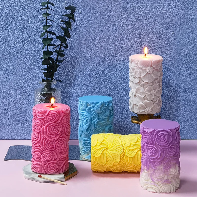 Ocean Waves Cylinder Aroma Candle Silicone Mold DIY Rose Relief Cylindrical Plaster Diffuser Stone Soap Resin Moulds Home decor