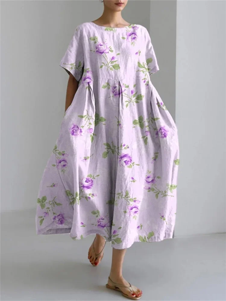 Świeży kwiatowy Print Crewneck Casual Loose Dress Harajuku Street Fashion Damska sukienka do kostek Party Dinner Dress S-5XL