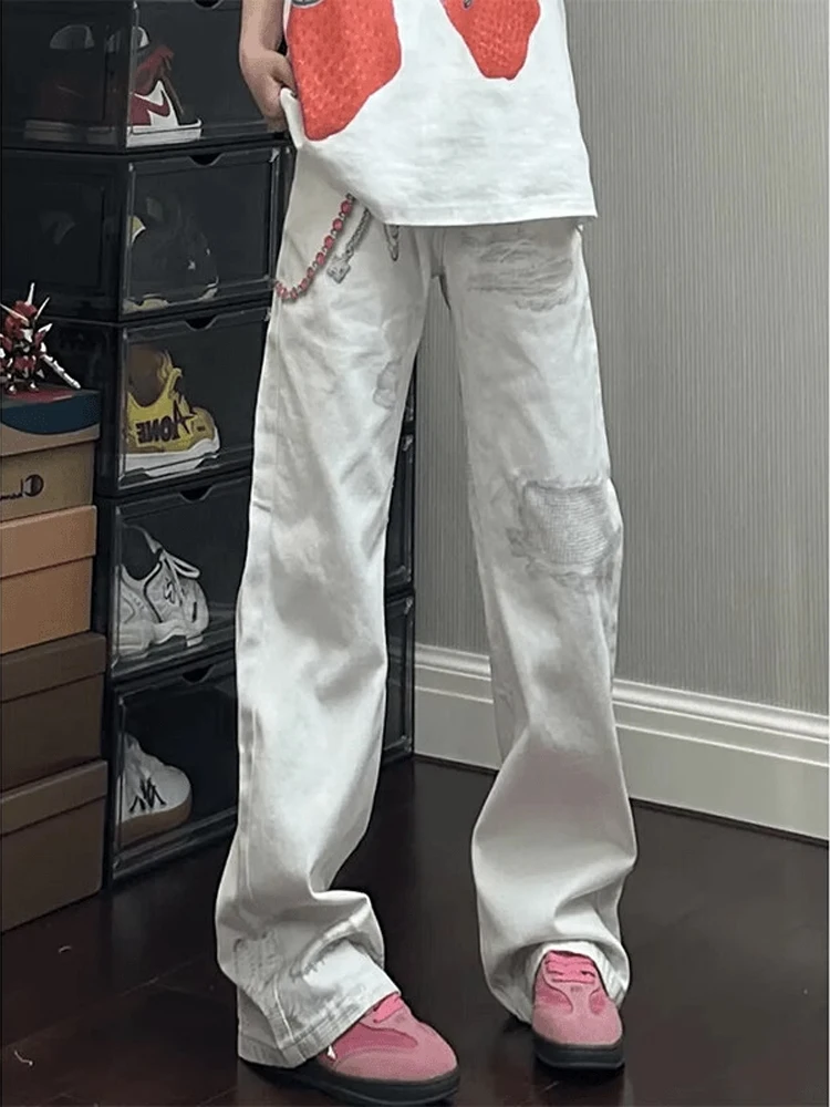 

Американские белые джинсы с тисненым принтом в стиле хип-хоп, мужские расклешенные джинсы-клеш из денима, повседневные, износостойкие, летние