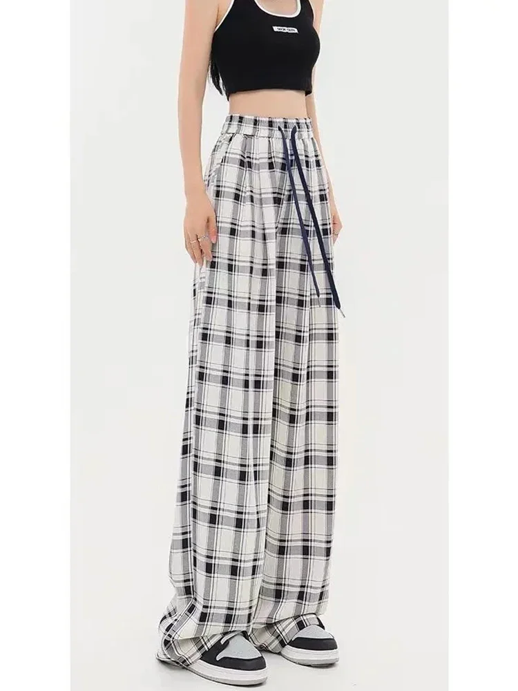 Vintage vrouwen losse geruite broek hoge taille casual kanten wijde pijpen broek Koreaanse retro alle match vrouwelijke zomerbroek