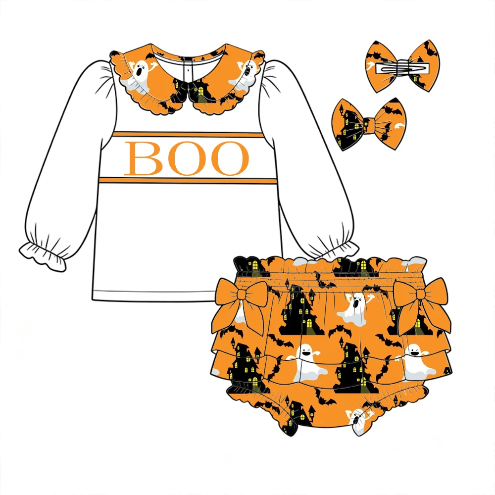 Boutique Girls Halloween Pumpkin Ghost Bat Print Baby Ruffle Collar Long Sleeve Top Tiered Bloomers 2Pcs Set