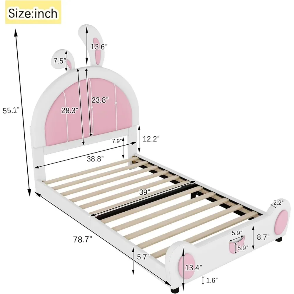 Twin Size Bed Frame with Rabbit Shaped Headboard, Cute Kids Upholstered Platform Bed Frame