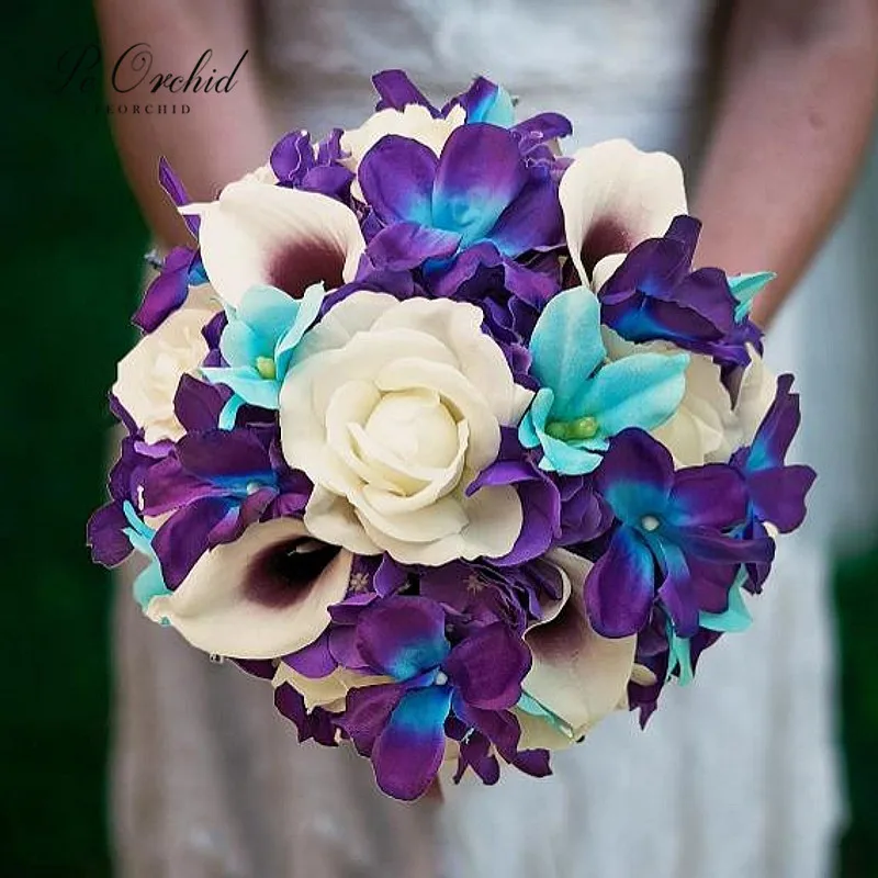 

PEORCHID Blue Galaxy Aqua Orchid Bridal Bouquets Artificial Flower Real Touch Calla Lily Purple Wedding Toss Away Bouquet