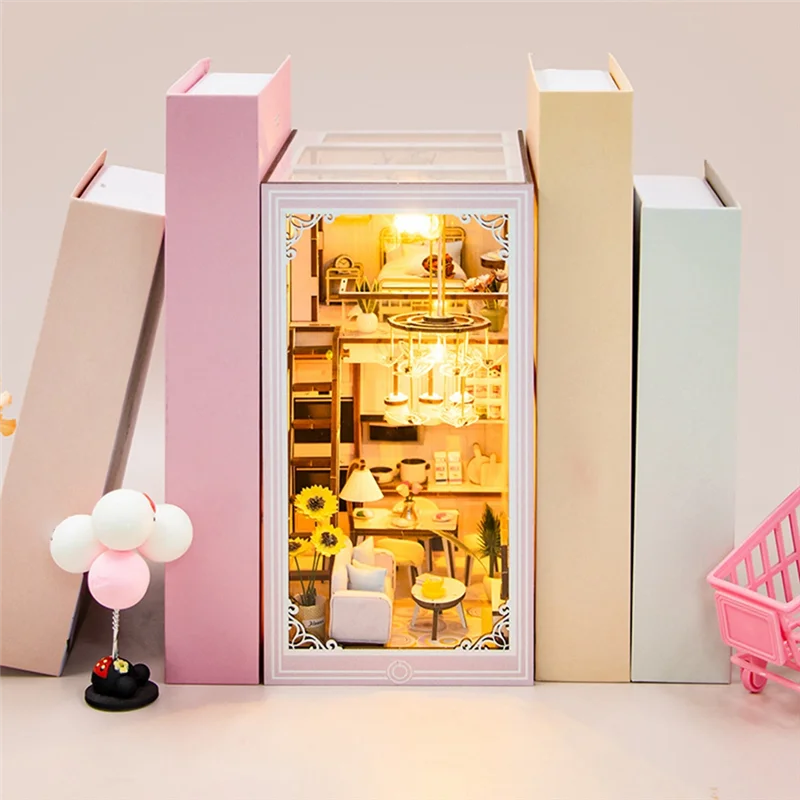 DIY ブックコーナーキットミニチュアドールハウス LED ライト付き 3D パズルモデル構築木製本棚誕生日ギフト