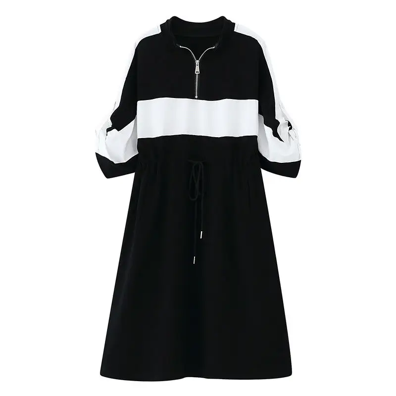 Fashion Stand Collar Zipper Shirring Lace Up Bow Casual Dresses Female Clothing 2024 Spring Summer New Loose Korean Midi Dress