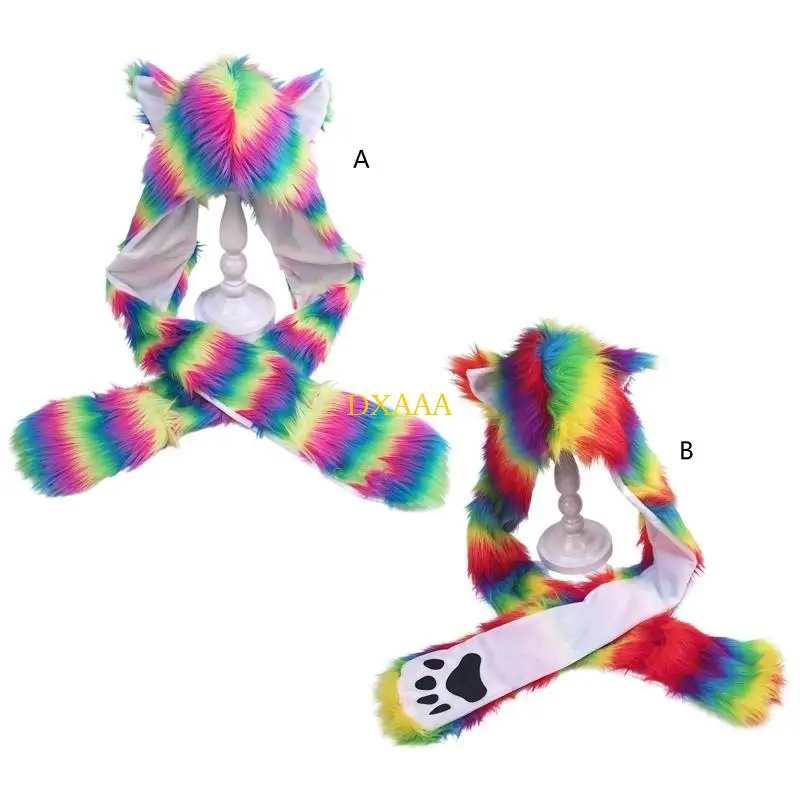 DXAA Winter Faux Fur Plush Hood Hat Scarf and Gloves Mittens 3 in 1 Rainbow for Cat Ears Long Hooded Shawl Wrap for Women Gir