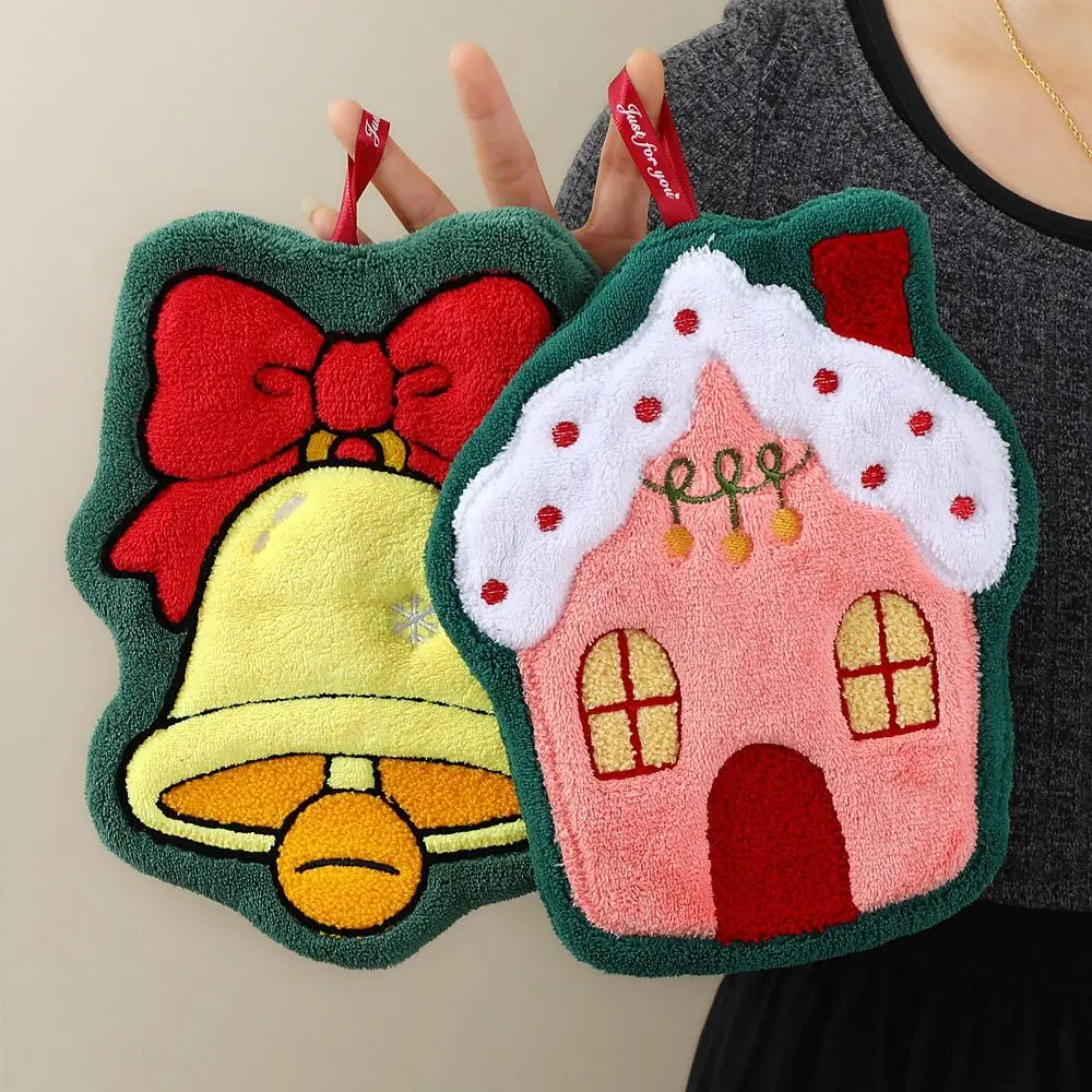 Creative Xmas Hanging Hand Towel Kawaii Cartoon Christmas Tree Hand Towel Snow Man Thickened Santa Claus Handkerchief Bathroom