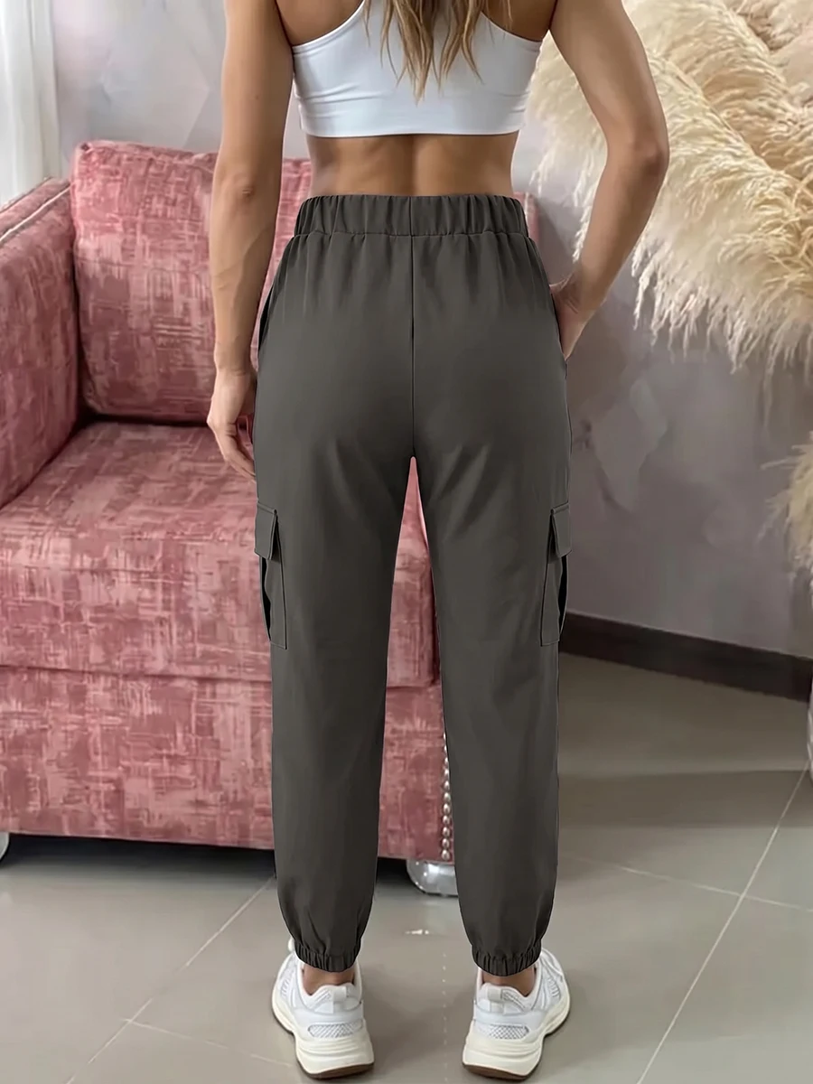Damen Cargo-Hosen mit hohem Bund, Kordelzug, lockere Jogginghosen, lässige Streetwear, Workout-Sweathosen mit Taschen, sportliche Gym-Hosen – Detail 2