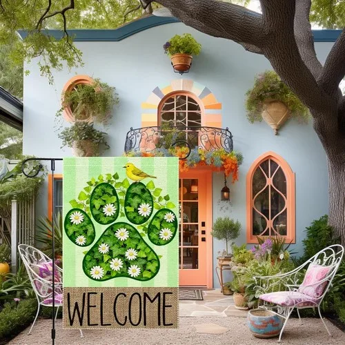 Welcome Garden Flag Double Sided with Green Paw Print, Daisies, 12x18 Inch XXQ