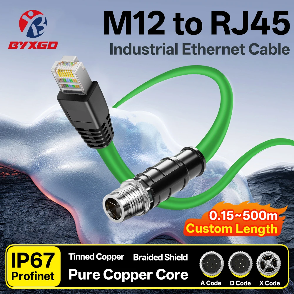 BYXGD M12 X-code Male 8 Pin to RJ45 Industrial Ethernet Cable Pure Copper Core Tinned Copper Braided IP67 for Profinet EtherCAT
