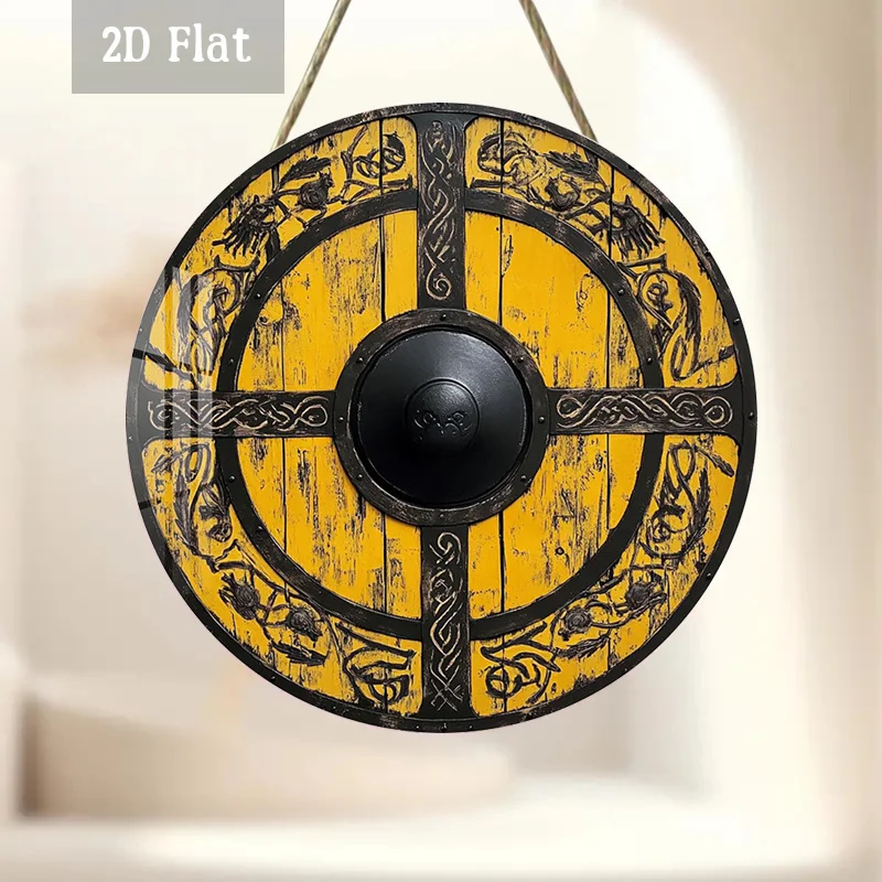2D Flat, 1pc Viking Shield Woodblock Wall Decor - Round Viking Shield with Norse Patterns, Suitable for Home, Cafe, Garage, Dini