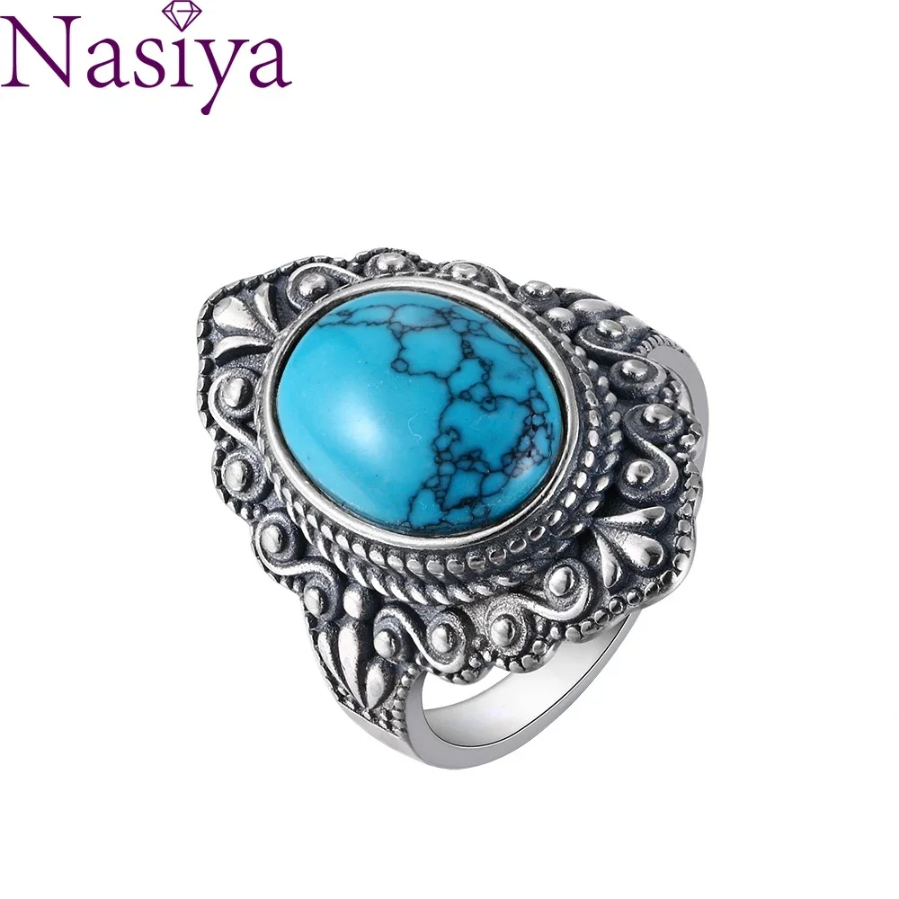 

Nasiya Vintage Oval Natural Turquoise Rings For Women S925 Sterling Silver Ring Jewelry Finger Ring Gemstone Rings Party Gift