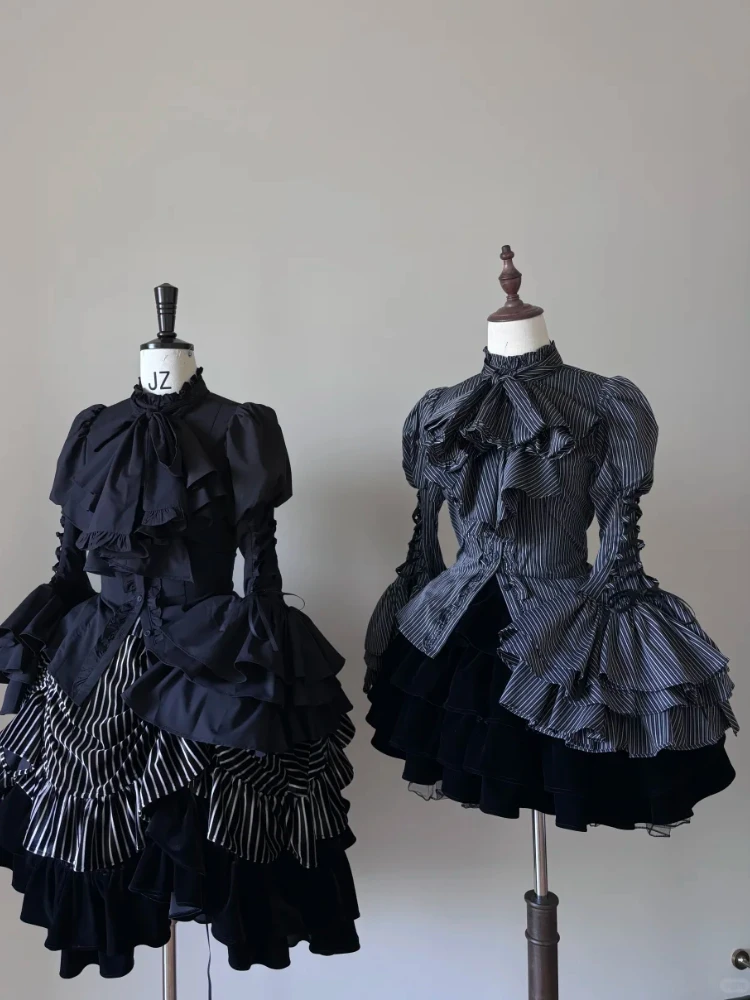 

Winter Gothic Lolita Elegant 3 Piece Sets Women Y2k Stripe Design Blouse+ Retro Vets + Pleated Chic Skirt Female Korea Fashion