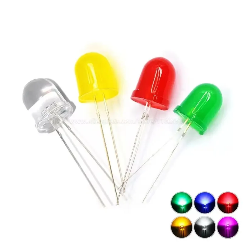 50PCS F10 10MM DIP LED Red Blue Emerald Green Yellow Orange White Light Emitting Diode High brightness Round head Transparent