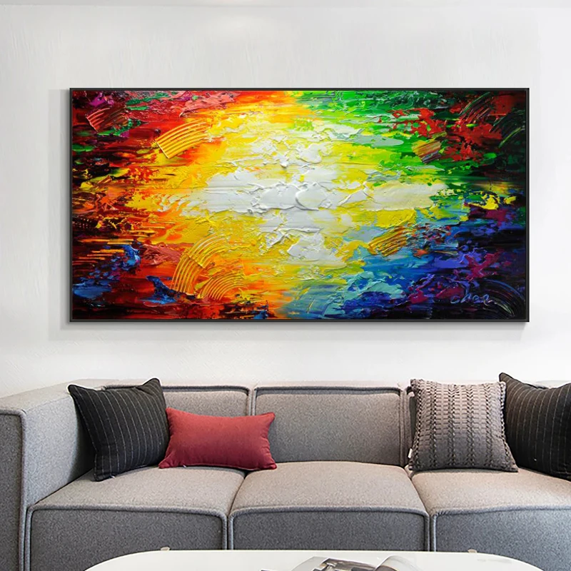 Modern Handmade Textured Abstract Oil Painting On Canvas, Vibrant Rainbow Knife Art Picture For Living Room Home Wall Decor