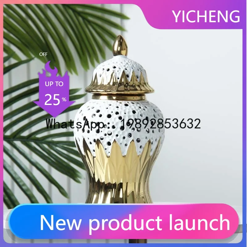

Ceramic Jar Hollowed-out Golden Storage Tank General's Jar Flower Vase Porcelain Handicrafts Home Decoration Accessories